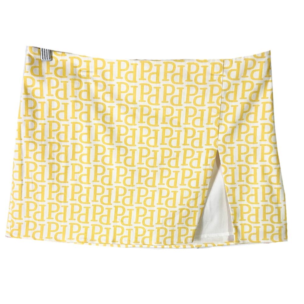 NWOT PEPPERMAYO Skirt US 8 Yellow White Logo-Print Slit Mini Stretch Cotton